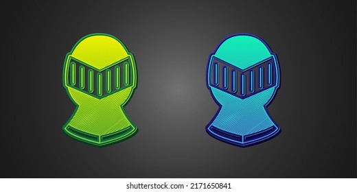 Green and blue Medieval iron helmet for head protection icon isolated on black background. Knight helmet.  Vector