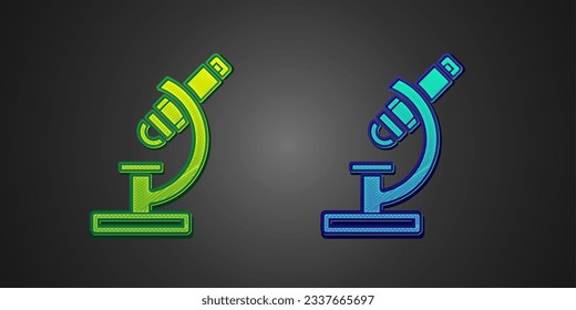 Green and blue Microscope icon isolated on black background. Chemistry, pharmaceutical instrument, microbiology magnifying tool.  Vector