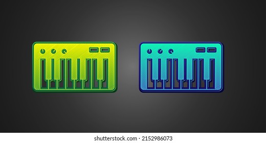 Green and blue Music synthesizer icon isolated on black background. Electronic piano.  Vector