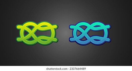 Green and blue Nautical rope knots icon isolated on black background. Rope tied in a knot.  Vector