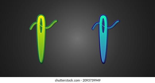 Green and blue Needle for sewing with thread icon isolated on black background. Tailor symbol. Textile sew up craft sign. Embroidery tool.  Vector