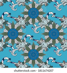 -green, blue and neutral flowers. Vector pattern. Floral collage. Nature. Floral background. Flower composition. Nice pattern in the small flower.