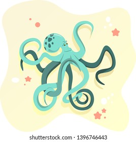 
green blue octopus on the background of the seabed and corals and sea stars.
Bright character for design of a card, booklet, sea subjects