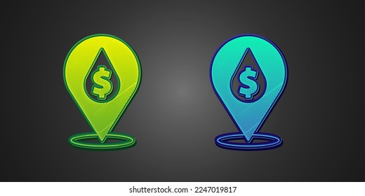 Green and blue Oil drop with dollar symbol icon isolated on black background. Oil price. Oil and petroleum industry.  Vector