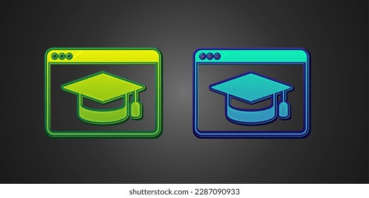 Green and blue Online education and graduation icon isolated on black background. Online teacher on monitor. Webinar and video seminar learning.  Vector