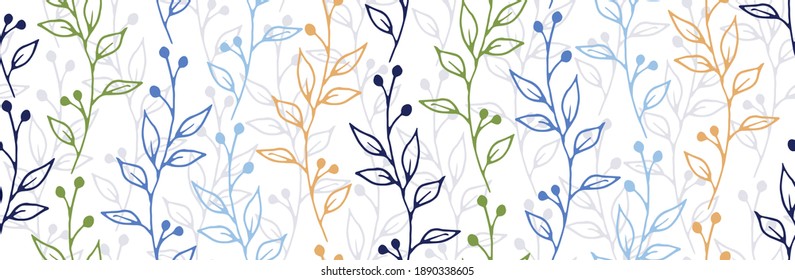 Green blue orange berry plants vector seamless pattern. Twigs ornament for wrappint paper. Holly berry plant blue orange green seamless floral pattern design.