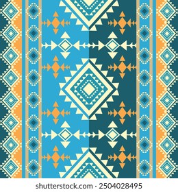 Grüne, blaue und orangefarbene geometrische Muster, die traditionell, ethnisch, Navajo oder Indianer sind. Designs für Kleidung, Vorhänge, Teppiche, Sarongs, Hmong und Stoffränder.