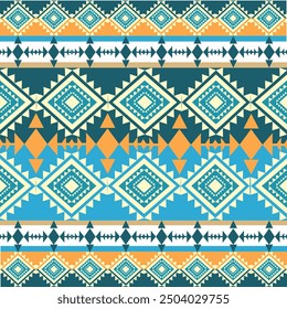 Grüne, blaue und orangefarbene geometrische Muster, die traditionell, ethnisch, Navajo oder Indianer sind. Designs für Kleidung, Vorhänge, Teppiche, Sarongs, Hmong und Stoffränder.