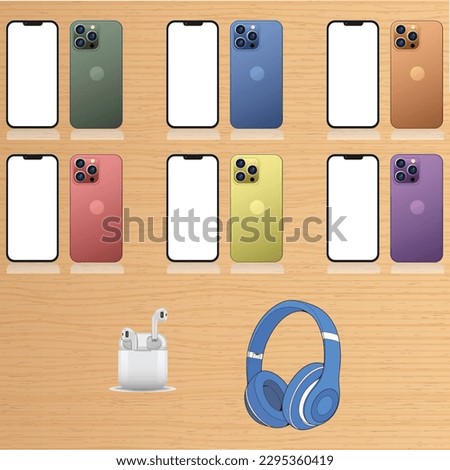 green blue orange red yellow purple phones standing on the ground bluetooth headphones airpods