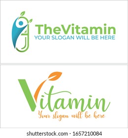 Green blue orange symbol logo with people leaf capsule pill and lettering modern vector combination suitable for medical pharmaceutical vitamin health supplements