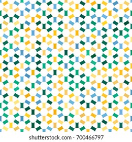 Green, blue, orange, yellow gradient spot seamless pattern on white background. Round rectangle flower texture. Abstract vector for prints, wrapping, textile, fabric, package, cover, greeting cards