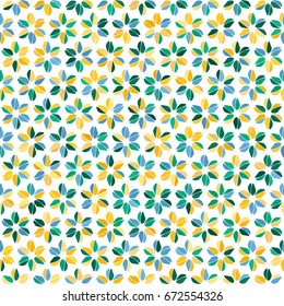 Green, blue, orange, yellow  spot seamless pattern on white. Round triangle flower background. Abstract floral geometric texture for prints, textile, wrapping, fabric, package, cover, greeting card