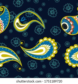 Green and Blue Ornament Modern Vector Seamless Pattern. Turkish Leaf Background. Lace Indian Wallpaper. Blue Elegant Tile.