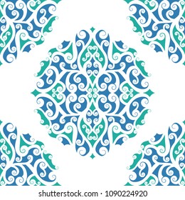 Green and blue ornamental seamless pattern. Vintage, paisley elements. Ornament. Traditional, Ethnic, Turkish, Indian motifs. Great for fabric and textile, wallpaper, packaging or any desired idea. 