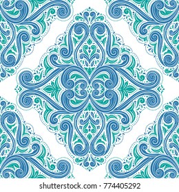 Green and blue ornamental seamless pattern. Vintage, paisley elements. Ornament. Traditional, Ethnic, Turkish, Indian motifs. Great for fabric and textile, wallpaper, packaging or any desired idea. 