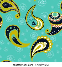 Green and Blue Paisley Damask Vector Seamless Pattern. Abstract Leaf Background. Flower Repeat Tile. Green Modern Design.