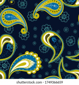 Green and Blue Paisley Elegant Vector Seamless Pattern. Traditional Floral Wallpaper. Flower Beautiful Background. Blue Abstract Design.