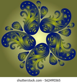Green and blue paisley ornament. Hippie style EPS10 vector pattern, folk Paisley background. Symbol of life, calmness and eternity.