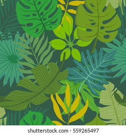Green and blue palm tree foliage on dark green background. Tropical palm leaves, jungle leaves seamless vector floral pattern