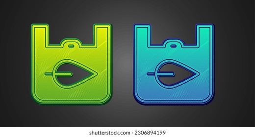 Green and blue Paper shopping bag with recycle icon isolated on black background. Bag with recycling symbol.  Vector