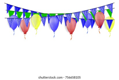 Green, blue party flags and red, blue, yellow balloons . Good for celebration or happy birthday background.