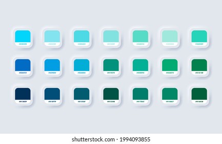 Green and blue pastel colour palette. Vector. Catalog samples green and blue in RGB HEX. Color Catalog. Neumorphic UI UX white user interface web button. Neumorphism. Vector EPS 10.