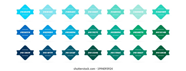 Green and blue pastel colour palette. Vector. Catalog samples green and blue in RGB HEX. Color Catalog. Vector EPS 10.