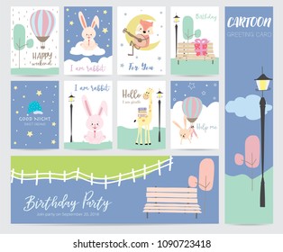 Green blue pastel greeting card with balloon, rabbit,fox,giraffe,moon,star,gift,bench and cloud