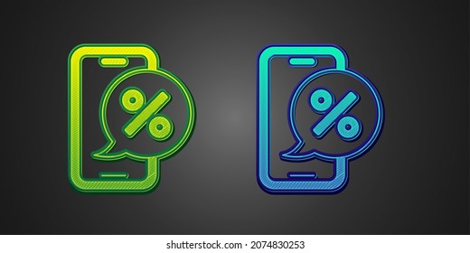 Green and blue Percent discount on mobile phone icon isolated on black background. Sale percentage - price label, tag.  Vector