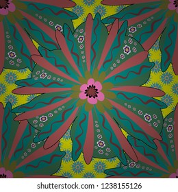 Green, blue and pink colors vector seamless pattern with many flowers.