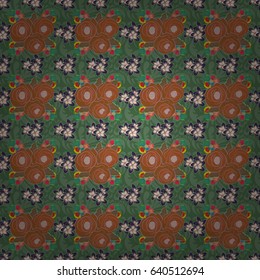 In green, blue and pink colorsVC seamless background pattern with tropical leaves and flowers in green, blue and pink colors.