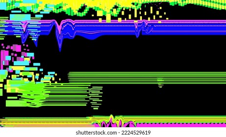 Green, blue and pink glitch interference on a black background. Vector abstraction with damage on the screen of the device. Concept of destruction, cyberpunk, future, sci-fi.