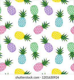 green, blue, pink, purple and yellow pineapple with triangles geometric fruit summer tropical sweet pattern on a white background seamless vector.