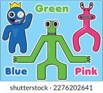 Green. Blue. Pink. Rainbow friends.Computer Internet game. Colorful monsters. Horror for children. Children's fashion. Stickers for design.