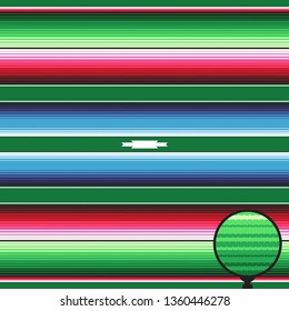 Green Blue Pink Red Mexican Serape Blanket Stripes Seamless Vector Pattern. Rug Texture with Threads. Background for Cinco de Mayo Decor or Mexican Food Restaurant Menu. Pattern Tile Swatch Included.