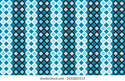 Green blue plaid fabric texture, blue diamond vertical stripe with white and black border checkerboard repeat pattern, replete image, design for fabric printing, rhombus