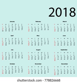Green blue plain calendar year 2018 background vector
