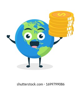 Green blue planet earth world  kawaii vector character illustration icon mascot cartoon cute standing holding coin gold dollar in white background modern flat design brand