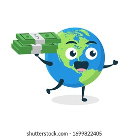 Green blue planet earth world  kawaii vector character illustration icon mascot cartoon cute holding money dollar and running in white background modern flat design brand