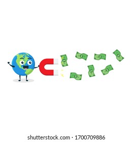 Green blue planet earth world  kawaii vector character illustration icon mascot cartoon cute holding big red magnet attracting gold coin money dollar in white background modern flat design brand