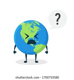 Green blue planet earth world  kawaii vector character illustration icon mascot cartoon cute sad confused stress work with bubble speech question mark in white background modern flat design brand