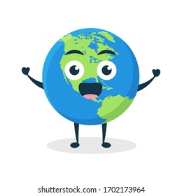 Green blue planet earth world  kawaii vector character illustration icon mascot cartoon cute happy jump freedom in white background modern flat design brand