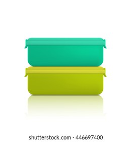 Green and blue plastic container for foods, isolated on white background. Lunch box.