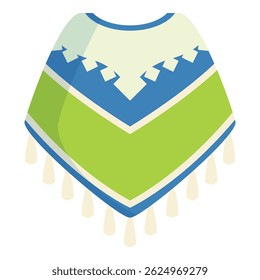 Poncho verde e azul com acabamento branco, com padrões e borlas tradicionais latino-americanos, perfeito para projetos culturais e de moda
