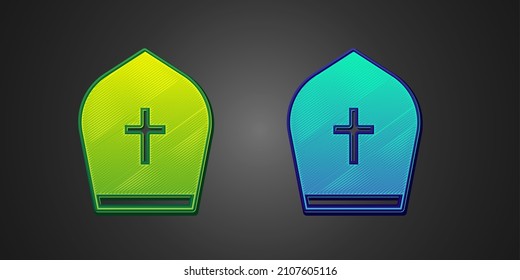 Green and blue Pope hat icon isolated on black background. Christian hat sign.  Vector
