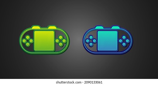 Green and blue Portable video game console icon isolated on black background. Handheld console gaming.  Vector