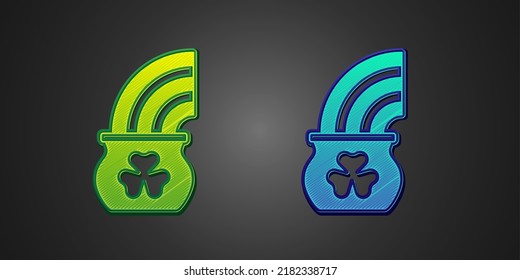 Green and blue Pot of gold with magic rainbow icon isolated on black background. Happy Saint Patricks day. National Irish holiday.  Vector