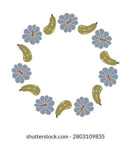 Green and blue pumpkin wreath in simple hand drawn style, flat vector round squash frame isolated on white background for autumn design