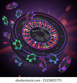 Green, blue, purple falling poker chips, tokens with black neon casino roulette wheel on dark background with reflection. Vector illustration for casino, game design, advertising