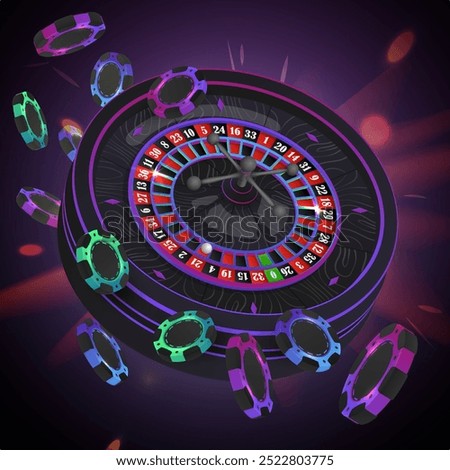 Green, blue, purple falling poker chips, tokens with black neon casino roulette wheel on dark background with reflection. Vector illustration for casino, game design, advertising